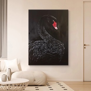 黑天鹅纯手绘油画暗黑意式极简高级感装饰画动物客厅玄关肌理挂画
