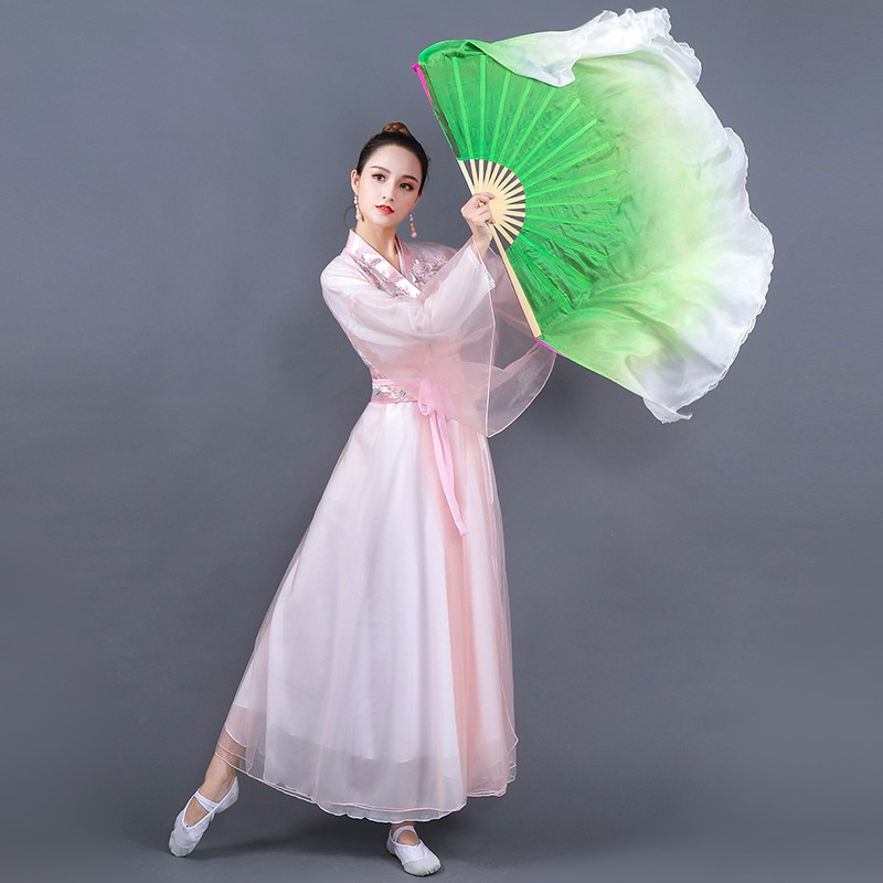 速发扇子舞蹈扇真丝咏双双典荷色加长渐变广场舞胶州秧歌民族古面