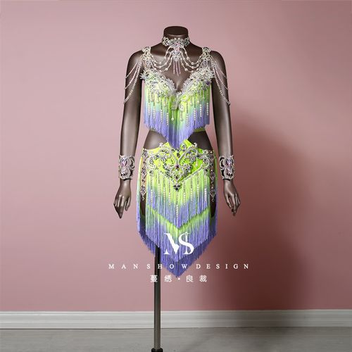 速发蔓绣新款拉丁融高鼓舞比赛服渐变流苏肚钻舞短裙皮服合级