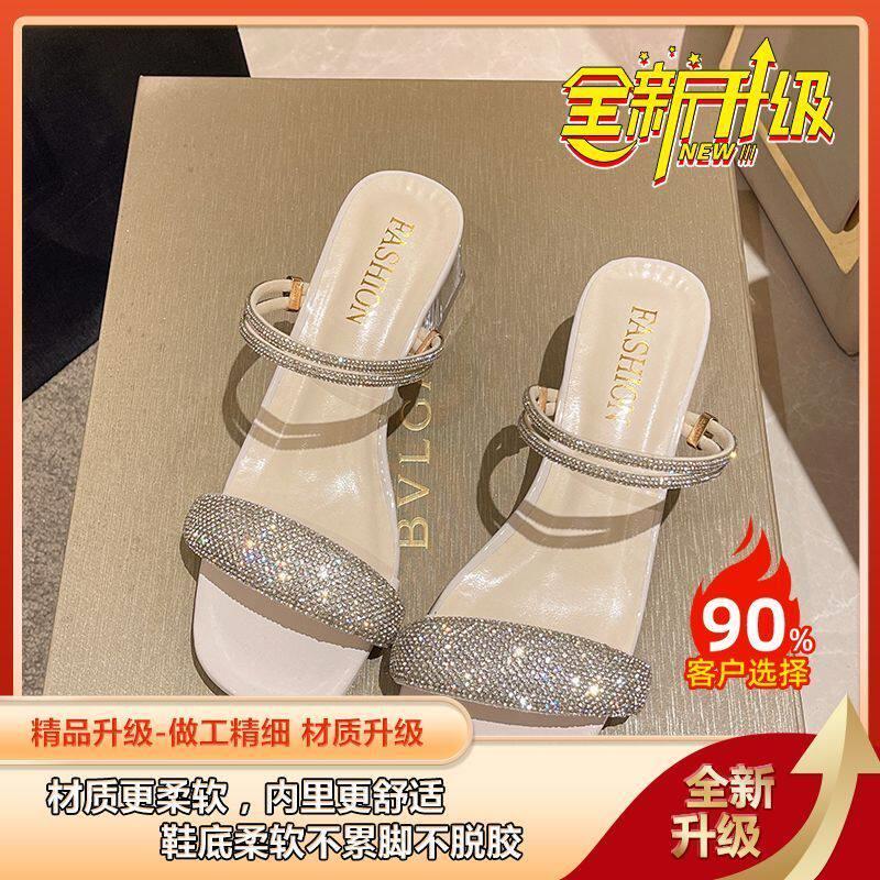 水晶粗跟两穿凉拖鞋女夏季外穿2026新款法式时装凉鞋中跟高跟拖鞋
