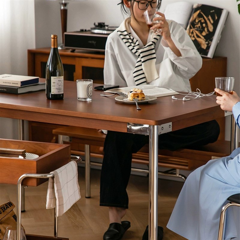速发中复古风实餐木桌椅家用小户型胡桃长属金方不锈钢可折叠饭书