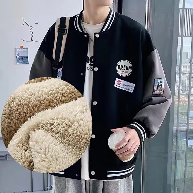 羊羔绒棒球服青少年潮流夹克男秋冬季初高中学生加绒加厚保暖外套