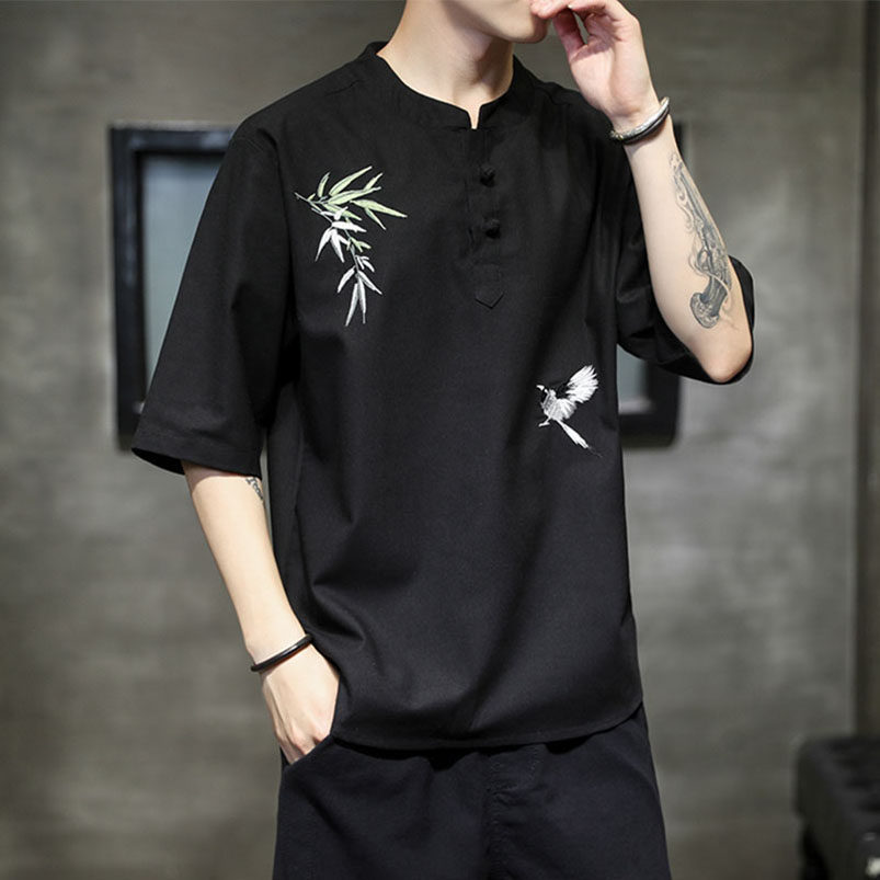 新中式亚麻短袖t恤男士夏季中国风刺绣上衣潮流覆古棉麻汉服唐装