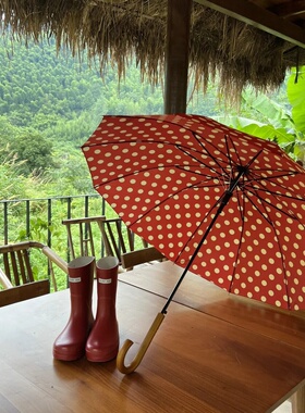 红色斑点伞晴雨两用女高颜值复古小众加大号折叠固结实长柄伞学生