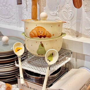 可颂泡面碗陶瓷可爱带盖勺子宿舍学生方便面螺蛳粉汤碗家用食品级