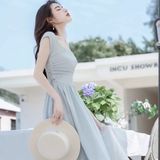 超仙气质无袖背心连衣裙夏季淑女气绳收腰显瘦方领裙子长裙女，商品下架区，语缦