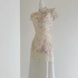 新中式假两件印花改良旗袍2025夏蕾丝拼接镂空旗袍裙，商品下架区，语缦