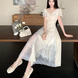 大码温柔风领连衣裙女夏季高级感复古裙子收腰显瘦气质长裙，商品下架区，凯文服饰