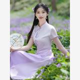 印花改良旗袍连衣裙2025年新款夏季气质渐变色素雅年轻款茶服禅服，商品下架区，语缦
