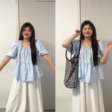 夏季薄荷曼波复古方领娃娃衫甜美减龄显瘦遮肉泡泡袖衬衫，商品下架区，凯文服饰