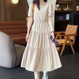 2025年夏季新款宽松遮肚洋气中长款显瘦收腰拼接短袖圆领连衣裙，商品下架区，语缦