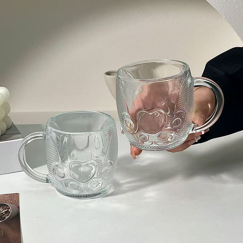 家用玻璃杯带把手牛奶杯高颜值猫玻璃杯
