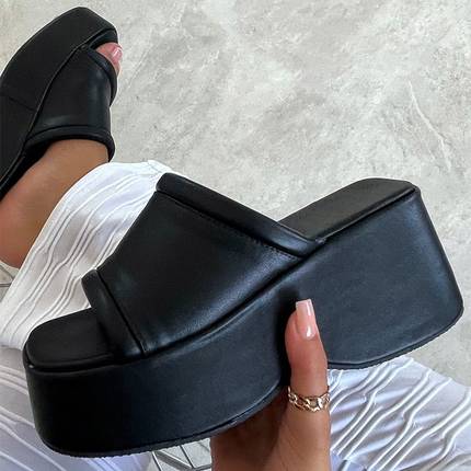 网红2022 Women's Sandals Square Toe Leather Platform Ladies