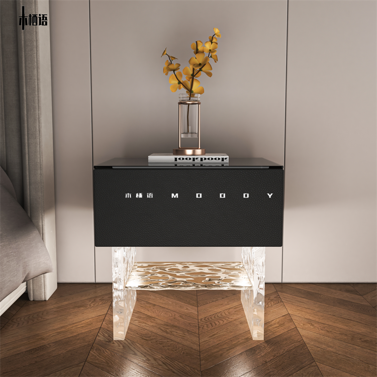 别墅轻奢实木床头柜智能高级感氛围灯关收纳柜卧室亚克力床边柜