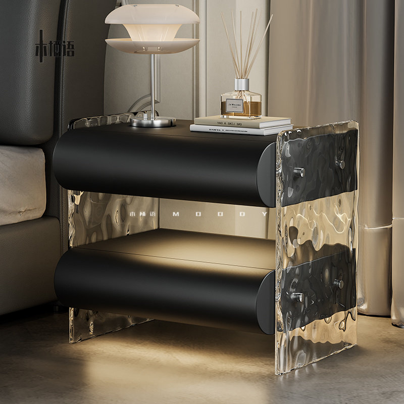 全屋智能高级感别墅床头柜水波纹亚克力床头柜意式实木卧室收纳柜