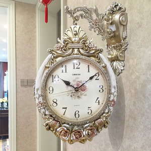 家用艺术双面挂钟客厅挂表创意欧式复古静音石英钟表个性现代时钟