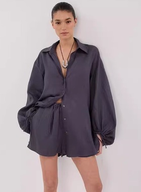 dissh2025秋季新款深蓝色亚麻宽松衬衣灯笼袖慵懒休闲大码上衣