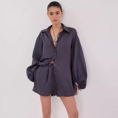 dissh2025秋季新款深蓝色亚麻宽松衬衣灯笼袖慵懒休闲大码上衣