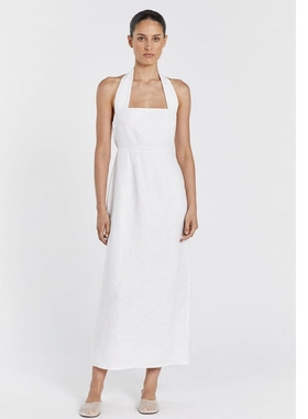 澳洲小众dissh白色挂脖领亚麻连衣裙极简优雅气质开衩露背长裙
