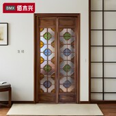折叠门店铺民宿中式 彷古实木门满洲窗彩色海棠花艺术玻璃隔断屏风