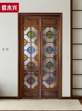 折叠门店铺民宿中式彷古实木门满洲窗彩色海棠花艺术玻璃隔断屏风