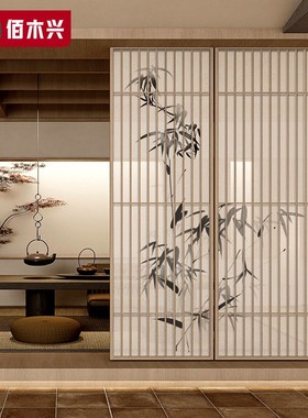 隔断门国风无轨道移门吊轮门竹叶折叠门三联动拉门宋式美学屏风