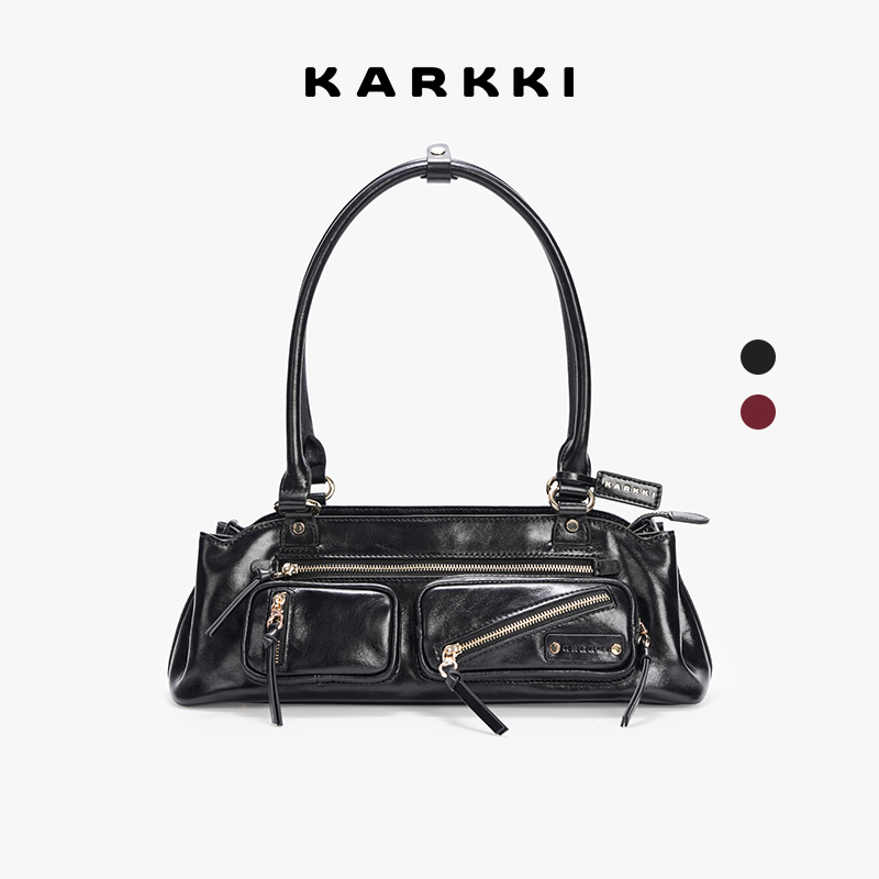 KARKKI/个奇多口袋头层油蜡牛皮复古机车法棍包单肩手提包包女