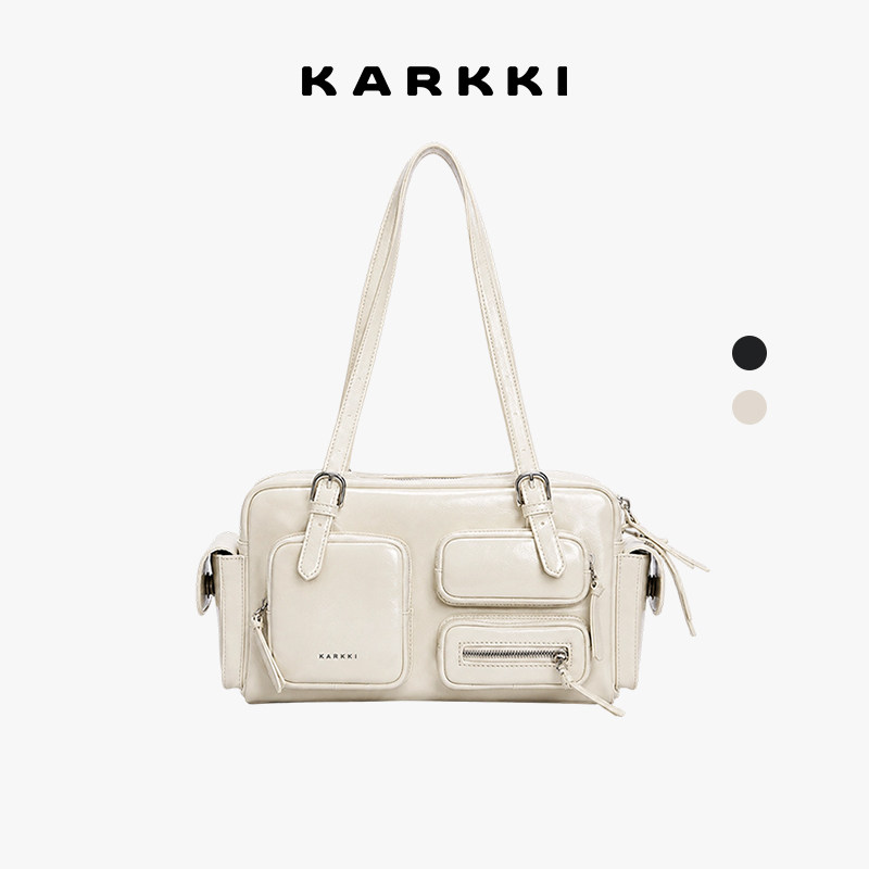 KARKKI/个奇头层牛皮多口袋设计复古保龄球机车包单肩手提腋下包