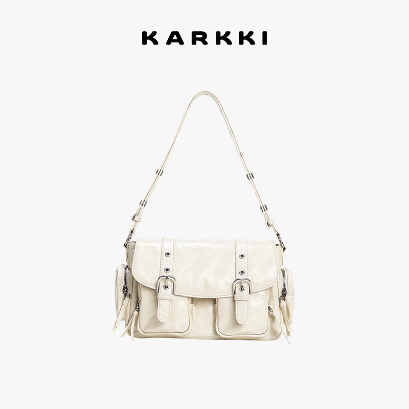 KARKKI/个奇头层牛皮多口袋单肩斜挎包小方包休闲通勤邮差包包女