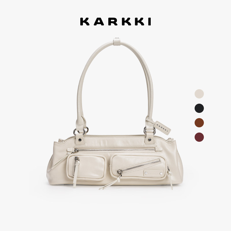 KARKKI/个奇多口袋头层油蜡牛皮复古机车法棍包单肩手提包包女
