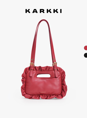 KARKKI/个奇头层小羊皮枕头包褶皱设计软皮小方包单肩腋下包包女