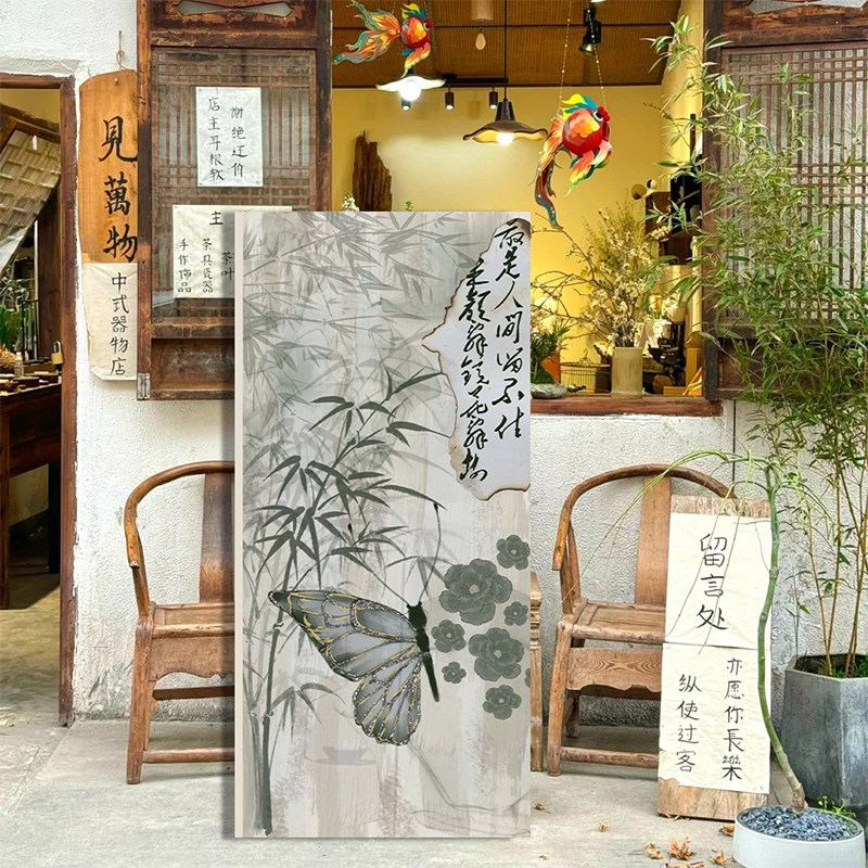 打卡拍照区茶室新中式墙面摆件布置氛围贴纸装饰复古蝴蝶造画图片