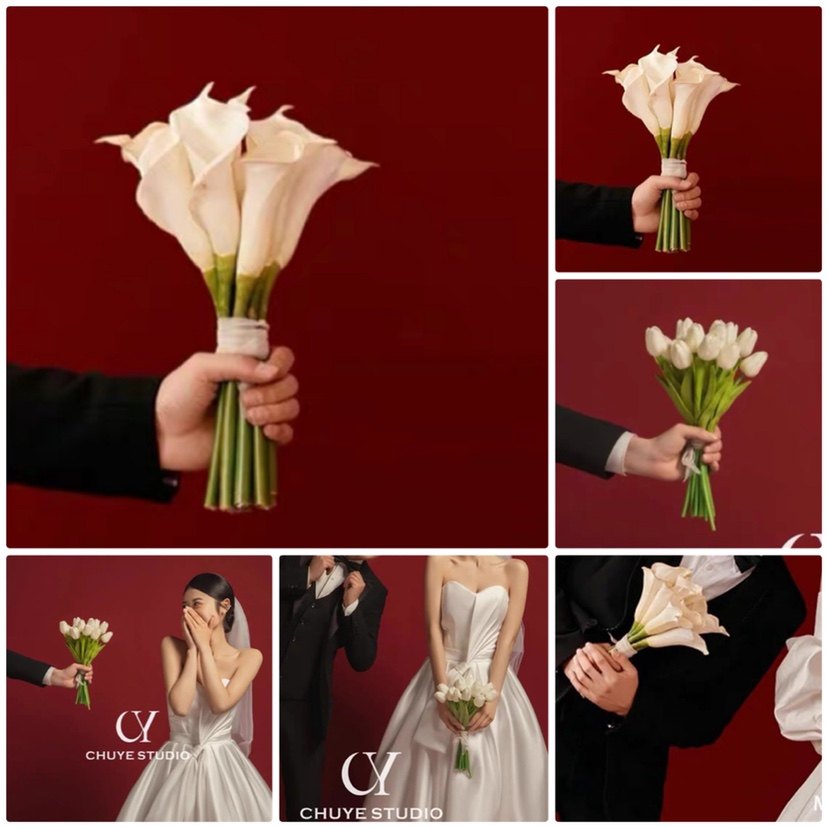 速发复具婚纱摄影拍照道古手捧花 领证金色郁白香马蹄莲 手工花束