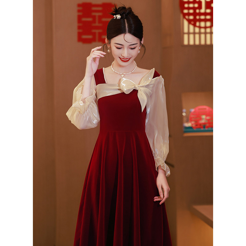 速发法式丝酒敬绒婚新娘红色订服礼服/晚装
