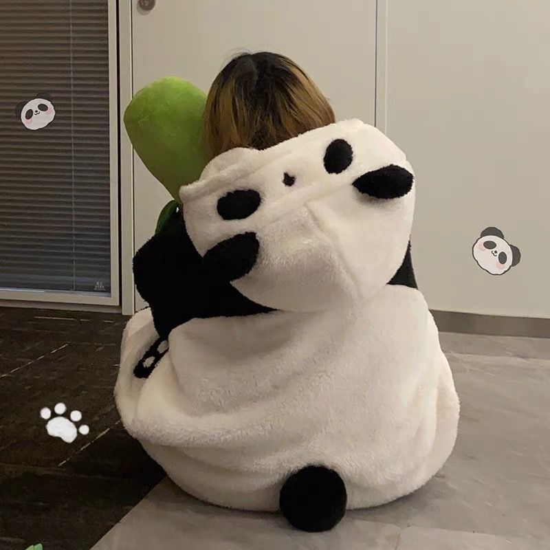 可爱黑白熊猫睡袍女秋冬季法兰绒