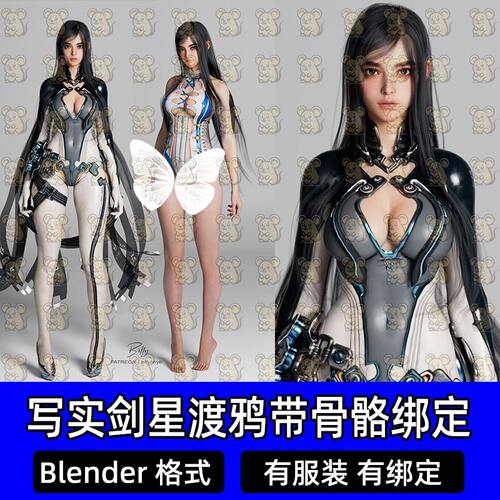 Blender写实剑星渡鸦韩风唯美女人物角色带骨骼绑定3D模型设计素