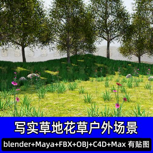 Blender写实草地野花草坪草簇户外场景3D模型素材FBX c4d Maya