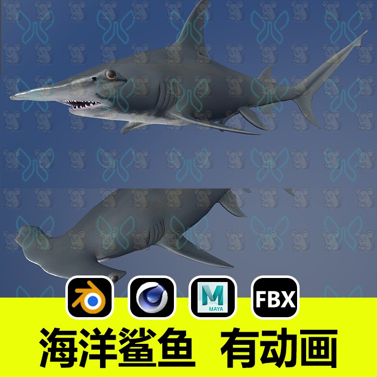 blender鲨鱼大锤头鲨动画模型海洋生物鱼类3d模型c4d/maya/fbx