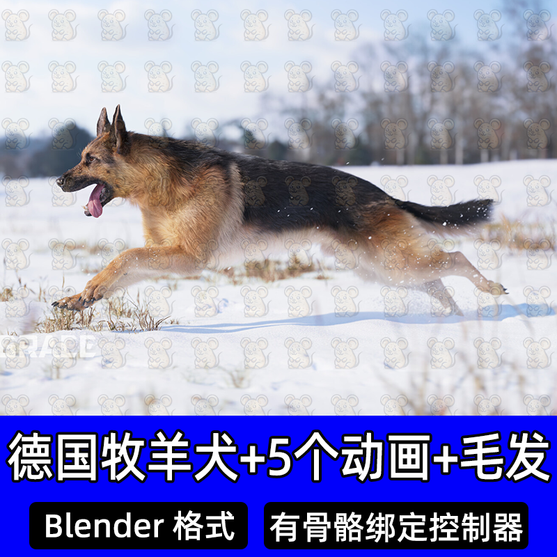 Blender影视3A级骨骼绑定德国牧羊犬写实狗动物3D模型动画毛皮4K