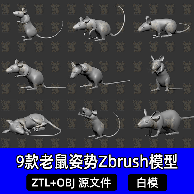zbrush老鼠耗子动物雕刻模型已细分看拿趴吃睡觉看姿势ztl白模obj