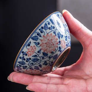 釉下彩带内绘青花万花重工 柴窑老陶泥复古主人杯 高档普洱茶杯