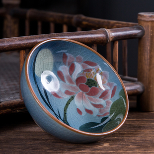 釉下五彩手绘荷花主人杯景德镇老陶泥柴窑茶杯女品茗杯全手工礼盒