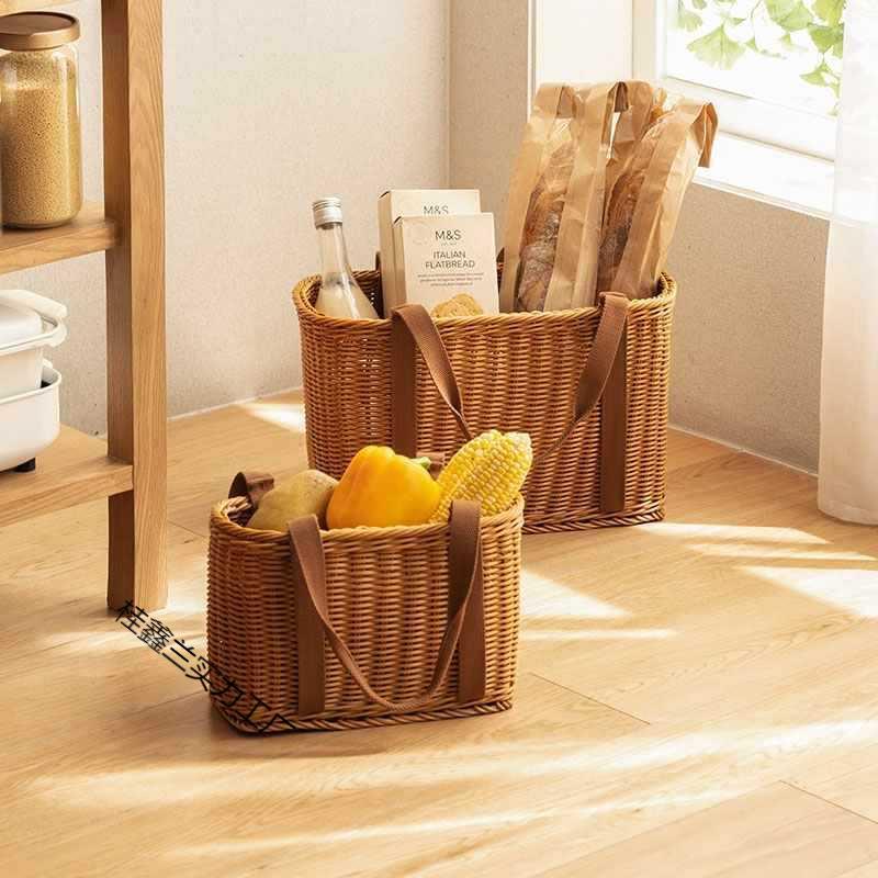春游采摘买菜手提篮洗澡塑料菜篮露营野餐编织篮竹编户外篮子藤编
