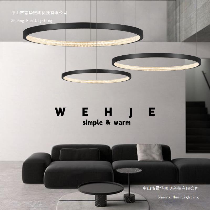全铜黑色极简现代客厅吊灯北欧轻奢高端圆环形卧室复式别墅大厅灯