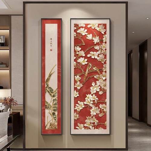 喜上枝头新中式玄关装饰画寓意好花鸟走廊过道挂画竖版入户门壁画