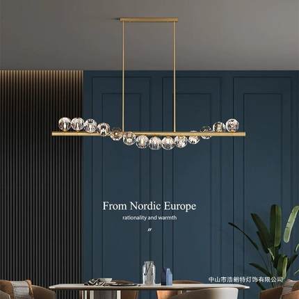 餐厅吊灯北欧灯具全铜后现代轻奢饭厅灯创意个性长条吧台水晶吊灯
