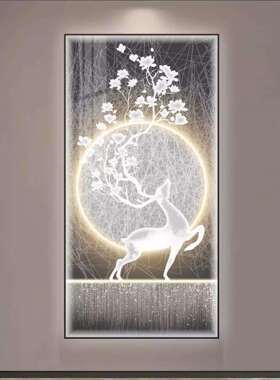 玄关装饰画竖版入户门客厅走廊LED灯画轻奢现代大气福鹿过道壁画
