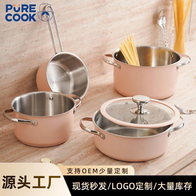 跨境304不锈钢无涂层锅具套装套组家用厨具烹饪蒸煮锅炊具