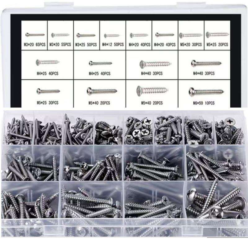 自攻螺丝组合套装，M3/M4/M5/M6/304不锈钢金属板木螺丝套装件，