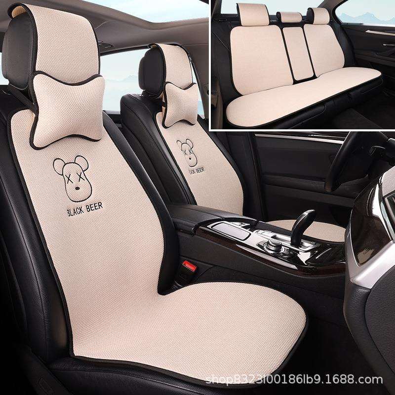 新款亚麻汽车坐垫四季通用连体棉麻座垫透气通风防滑座椅套卡通垫